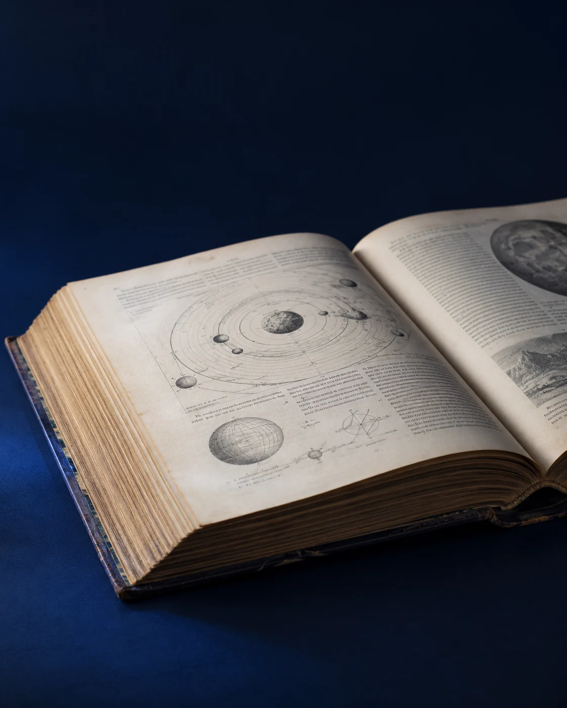 Aufgeschlagenes wissenschaftliches Buch mit historischen Illustrationen auf dunkelblauem Hintergrund